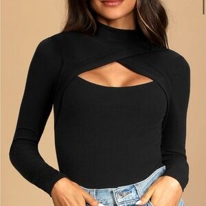 Lulus Totally Elevated Black Ribbed Cutout Long Sleeve Bodysuit